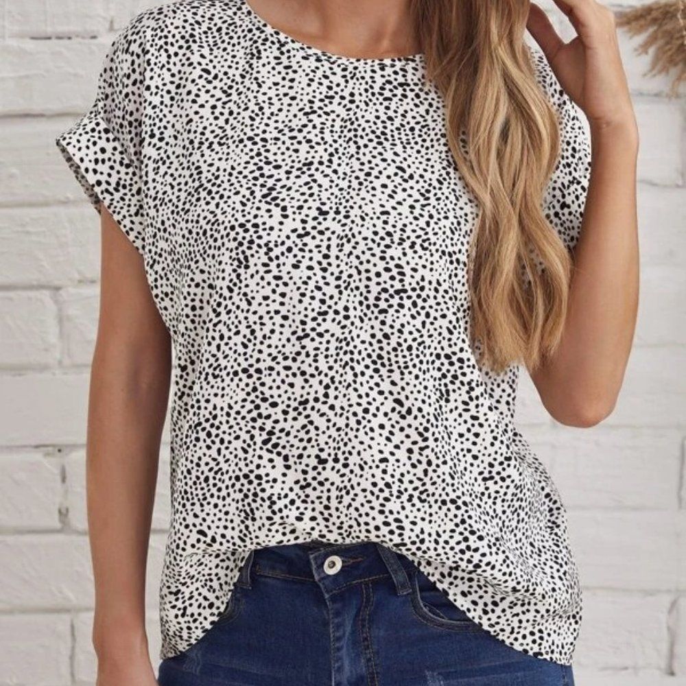 Shein Womens Stretch Allover Print Emery Rose Rolled Cuff Top Blouse Medium